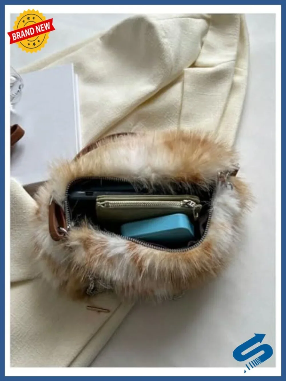 Faux Fur Top Handle Shoulder Bag Square Plush Purse Clutch